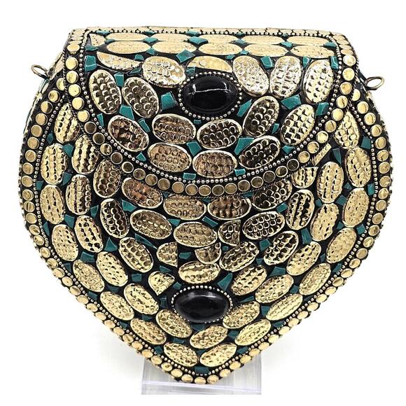 Ramla Glamorous Gold-Tone Studded Heart-Shaped Clutch Purse